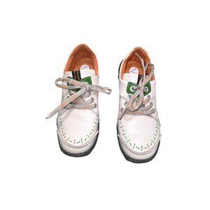 Tma Eyes Women's White Leather Lace-Up Embroidery Shoes Green Stitching Size 8/3